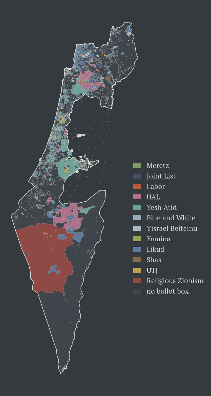 The largest party in each statistical area, before clustering into seats
